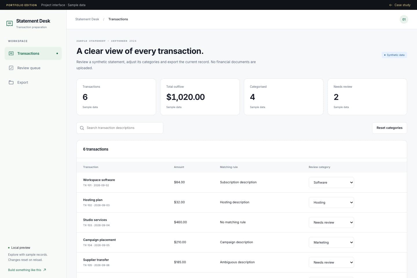 Financial Statement Processing — anonymous portfolio interface