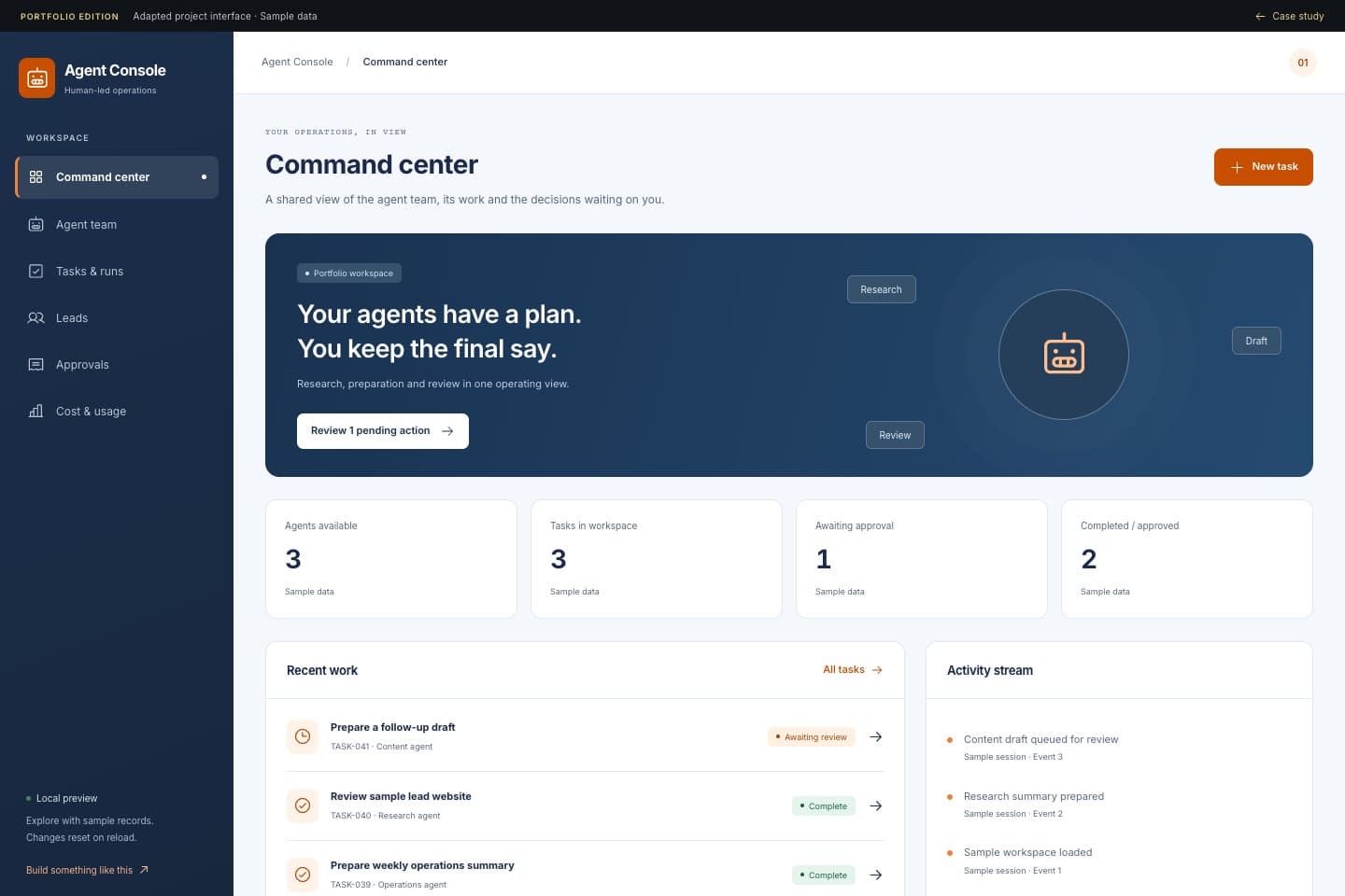 AI Agent Operations Console — anonymous portfolio interface